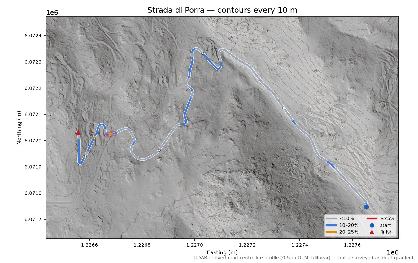 Strada di Porra LiDAR hillshade map with contours