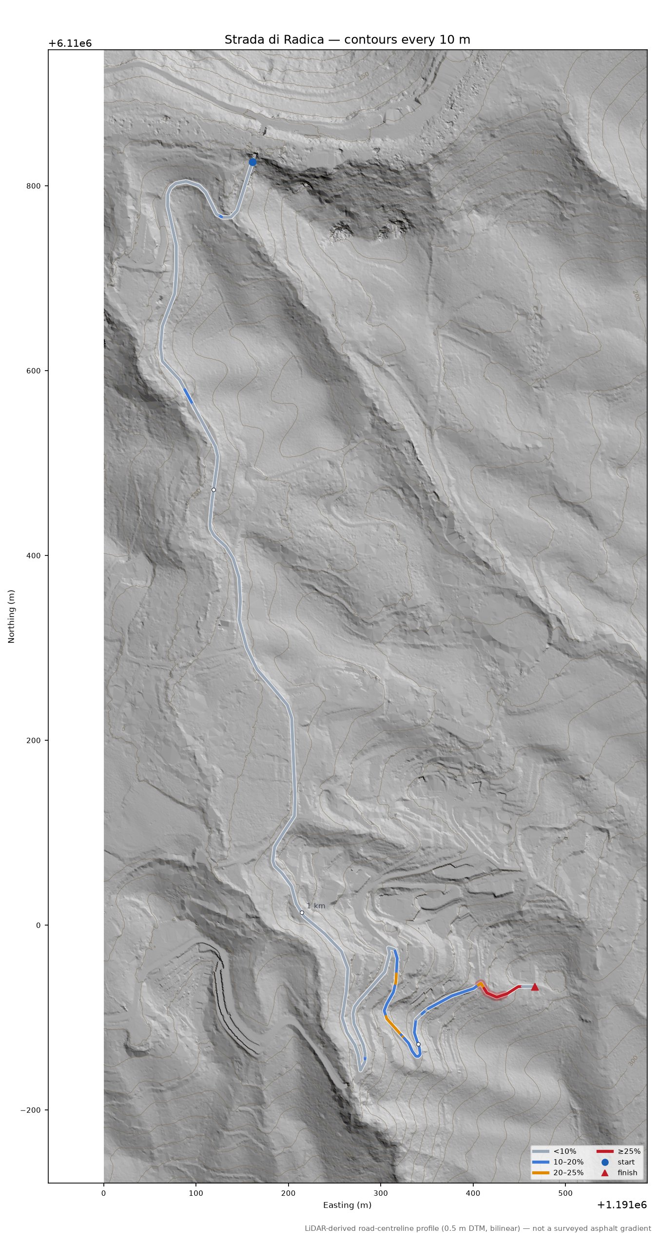 Strada di Radica LiDAR hillshade map with contours