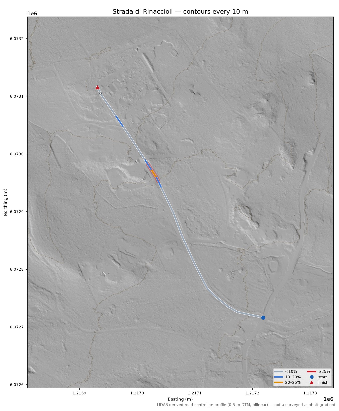 Strada di Rinaccioli LiDAR hillshade map with contours