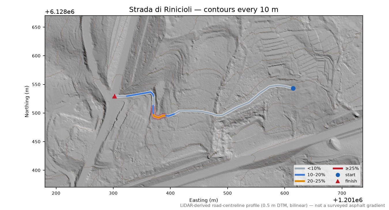 Strada di Rinicioli LiDAR hillshade map with contours