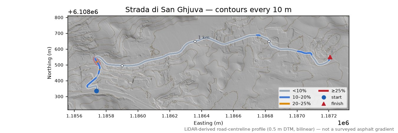 Strada di San Ghjuva LiDAR hillshade map with contours