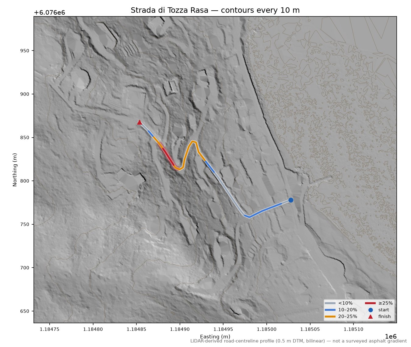 Strada di Tozza Rasa LiDAR hillshade map with contours
