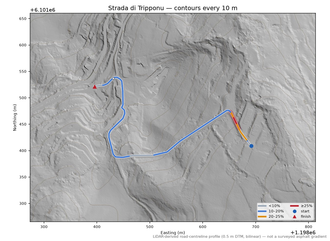 Strada di Tripponu LiDAR hillshade map with contours