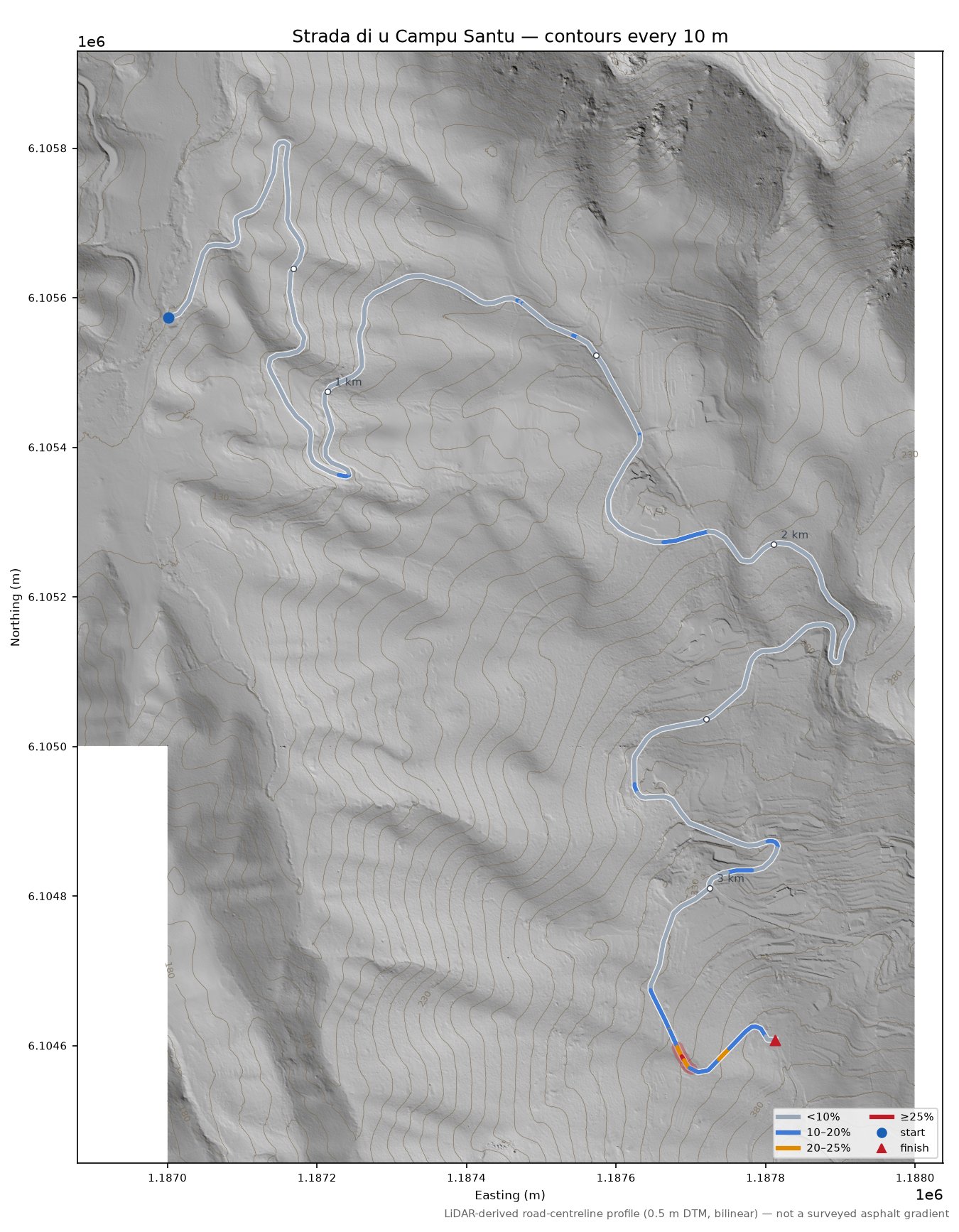 Strada di u Campu Santu LiDAR hillshade map with contours