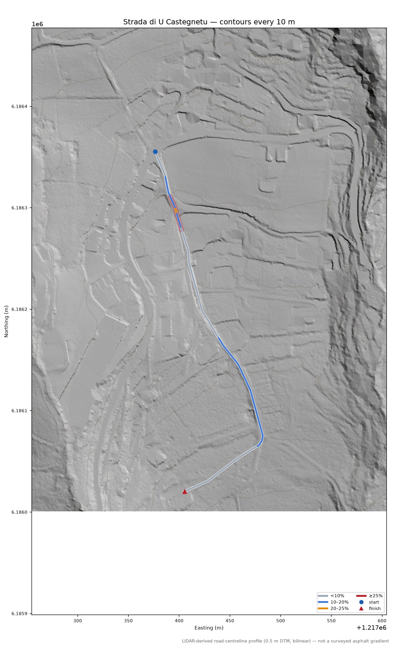 Strada di U Castegnetu LiDAR hillshade map with contours