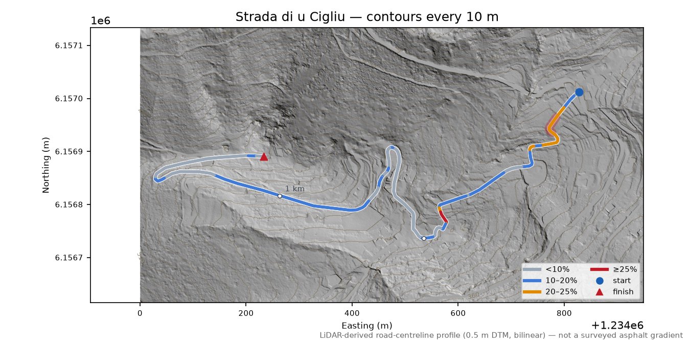 Strada di u Cigliu LiDAR hillshade map with contours