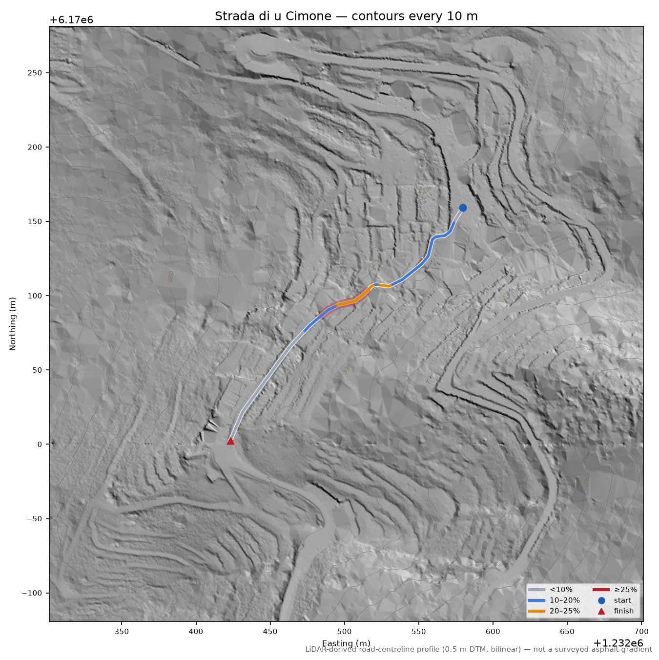 Strada di u Cimone LiDAR hillshade map with contours