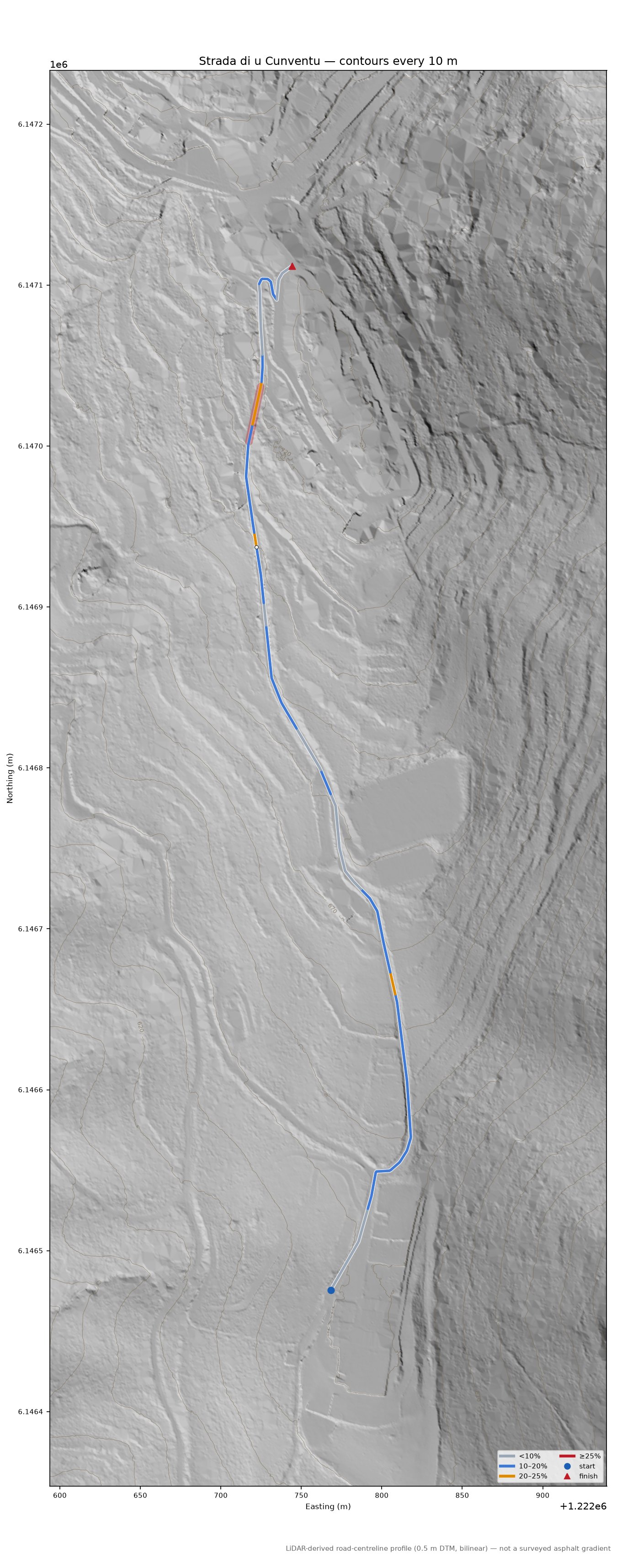 Strada di u Cunventu LiDAR hillshade map with contours
