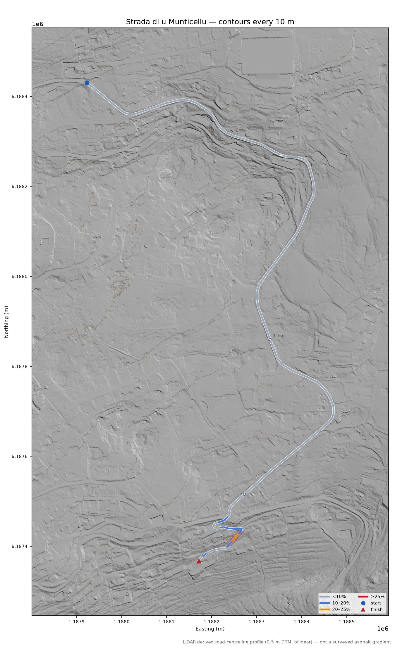 Strada di u Munticellu LiDAR hillshade map with contours