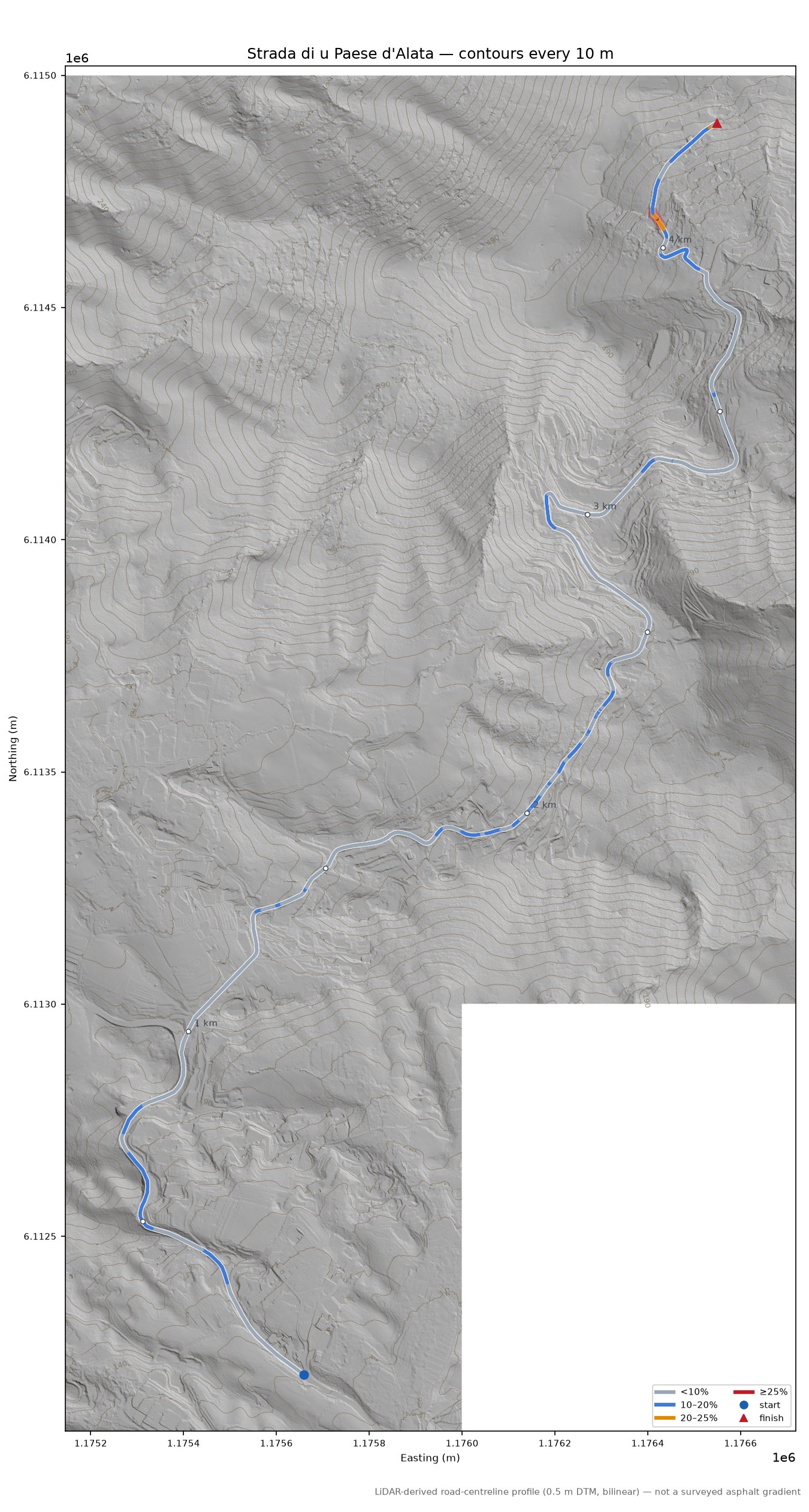 Strada di u Paese d'Alata LiDAR hillshade map with contours