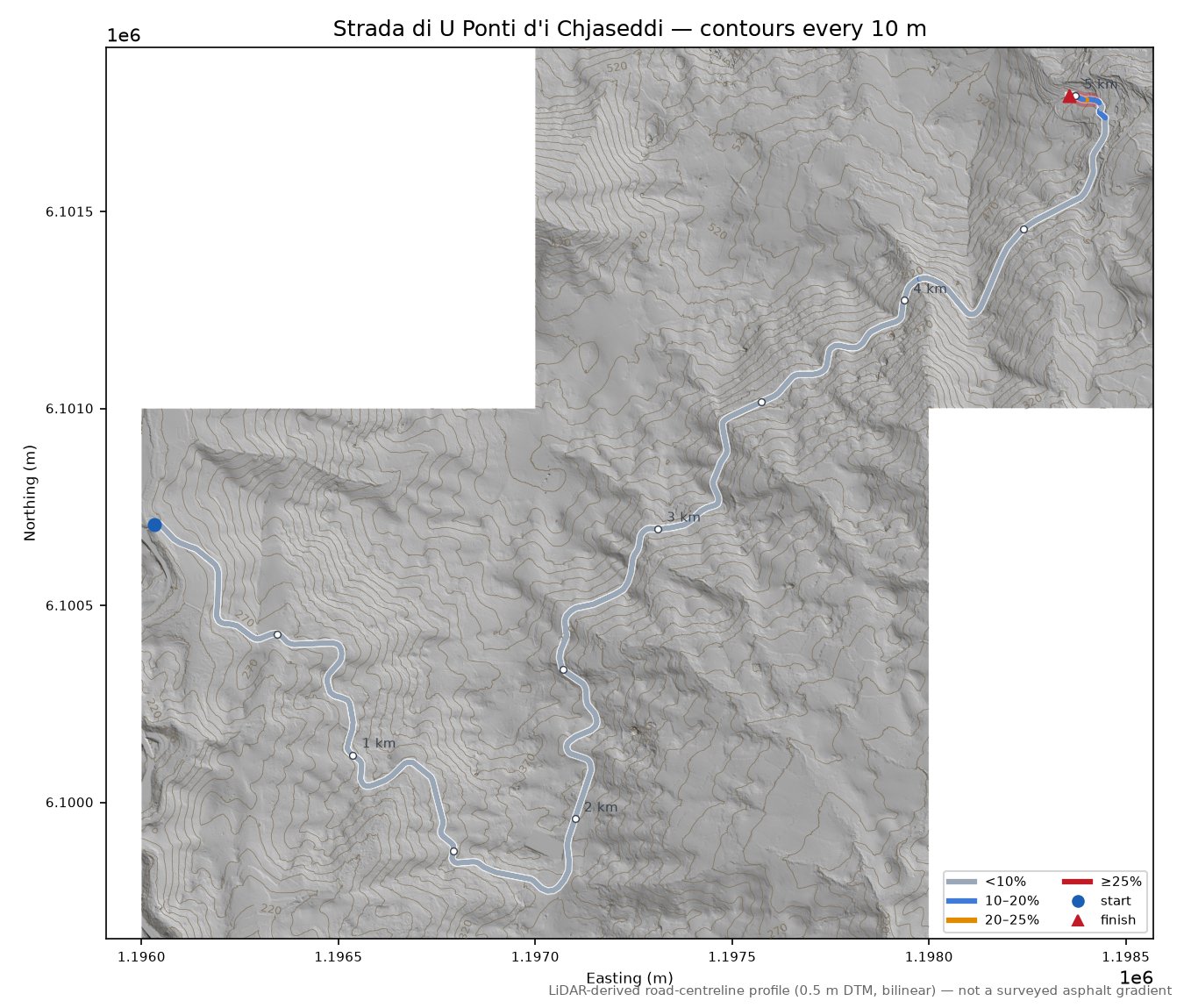 Strada di U Ponti d'i Chjaseddi LiDAR hillshade map with contours