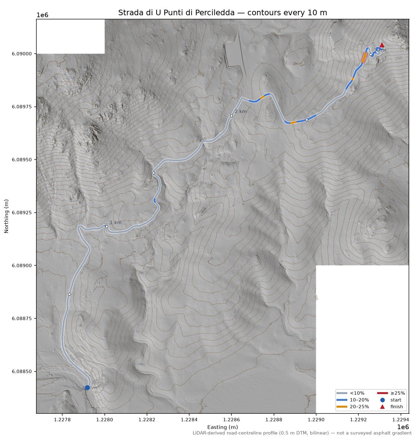 Strada di U Punti di Perciledda LiDAR hillshade map with contours