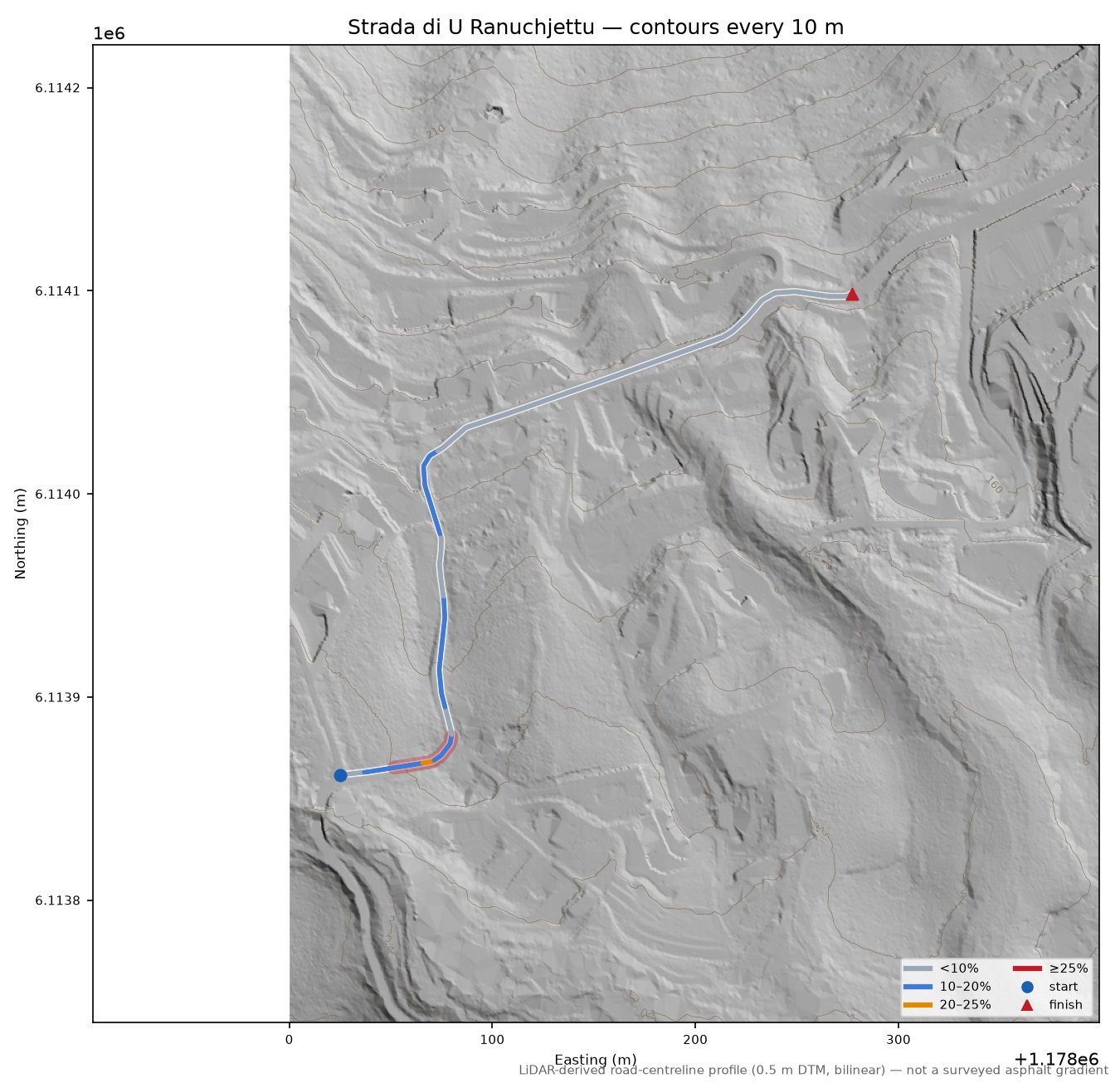 Strada di U Ranuchjettu LiDAR hillshade map with contours