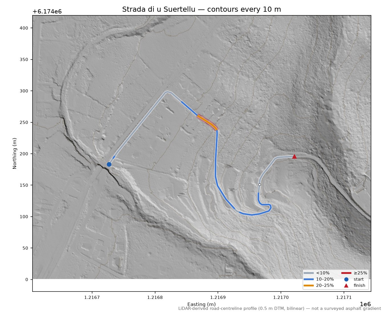Strada di u Suertellu LiDAR hillshade map with contours