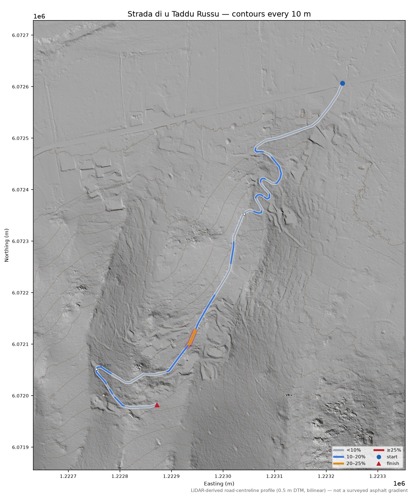 Strada di u Taddu Russu LiDAR hillshade map with contours