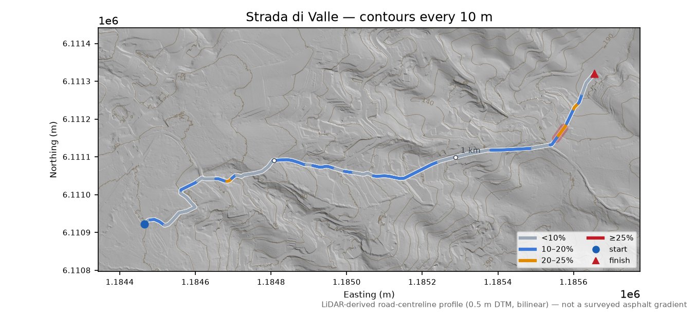 Strada di Valle LiDAR hillshade map with contours