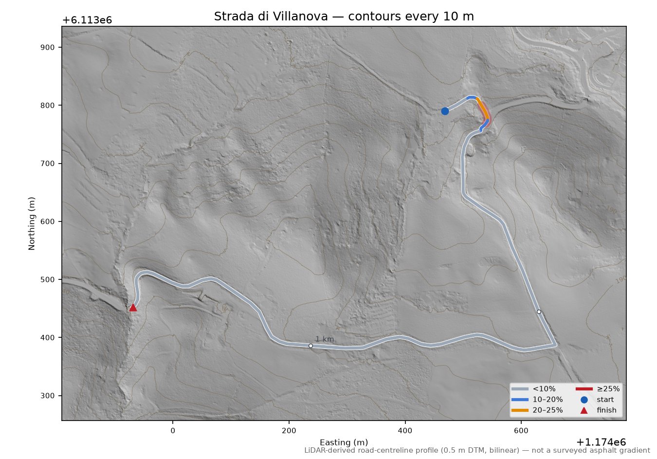 Strada di Villanova LiDAR hillshade map with contours