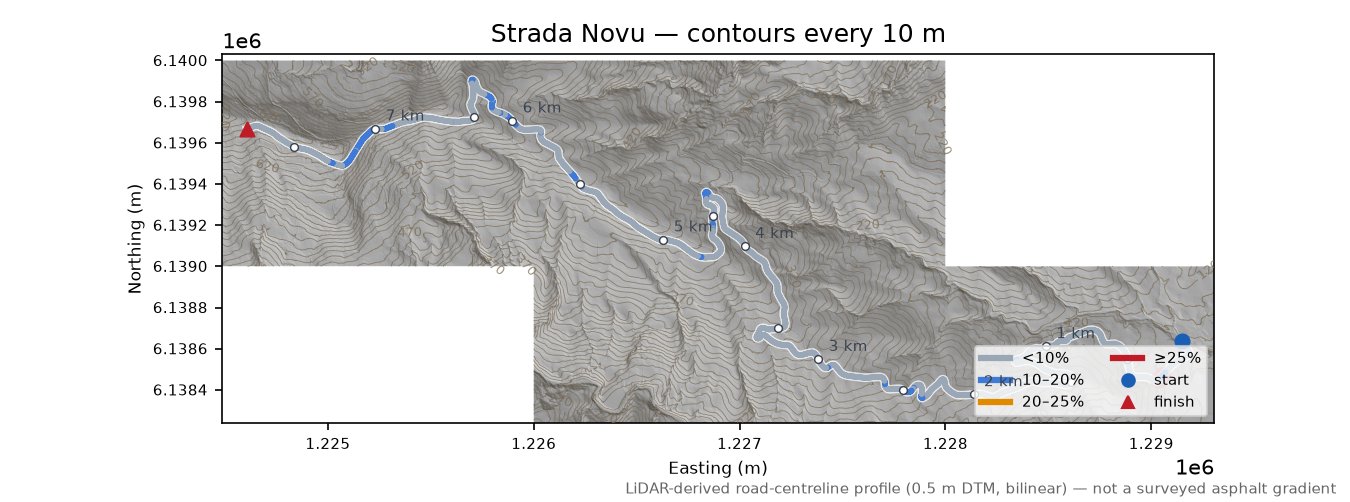 Strada Novu LiDAR hillshade map with contours