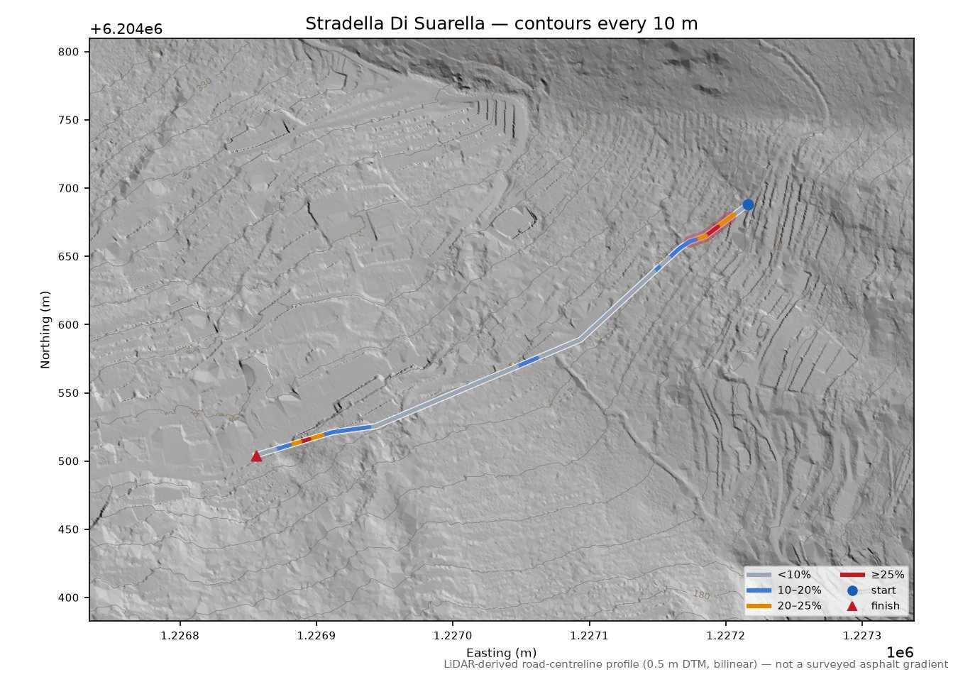 Stradella Di Suarella LiDAR hillshade map with contours