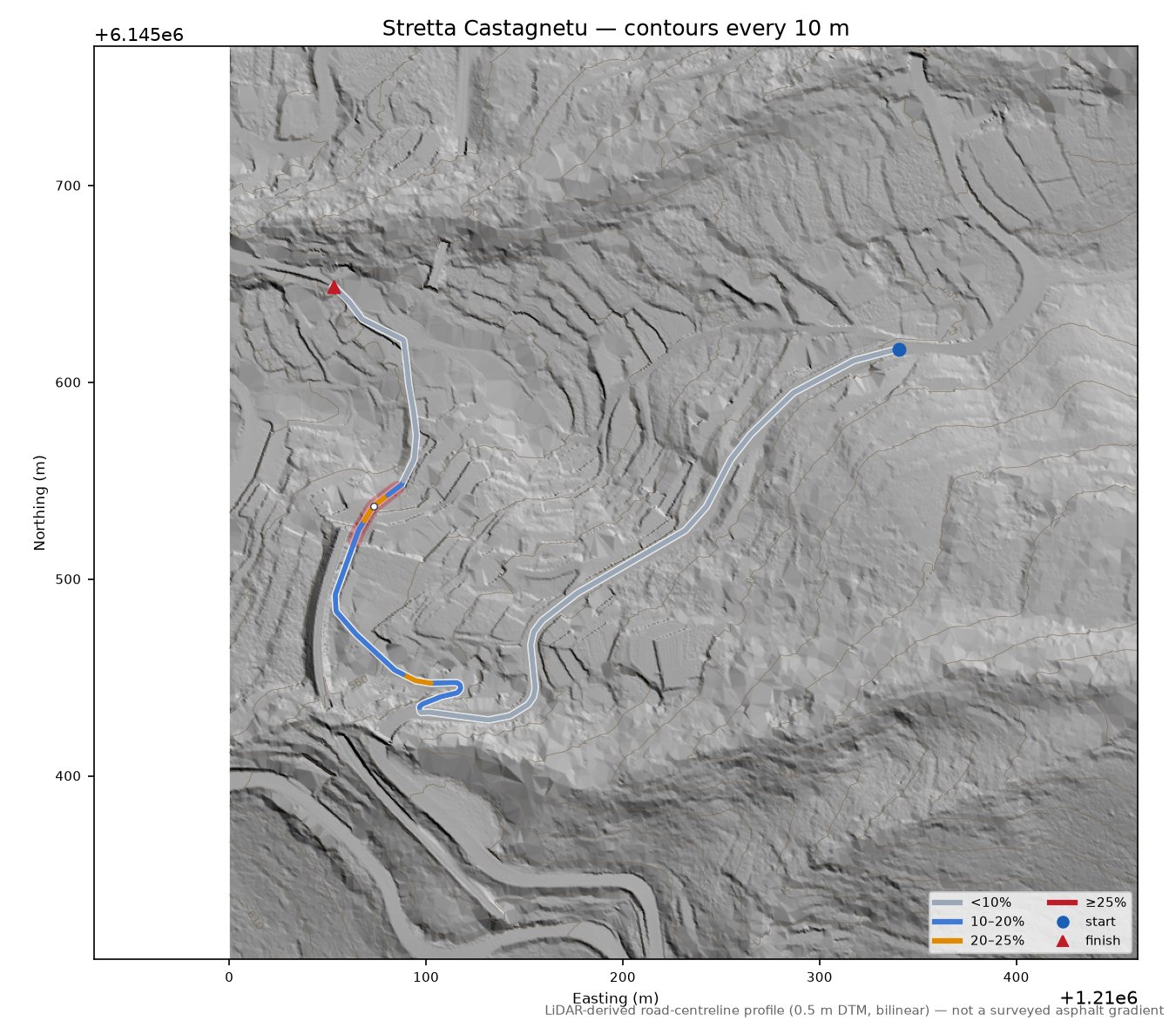 Stretta Castagnetu LiDAR hillshade map with contours