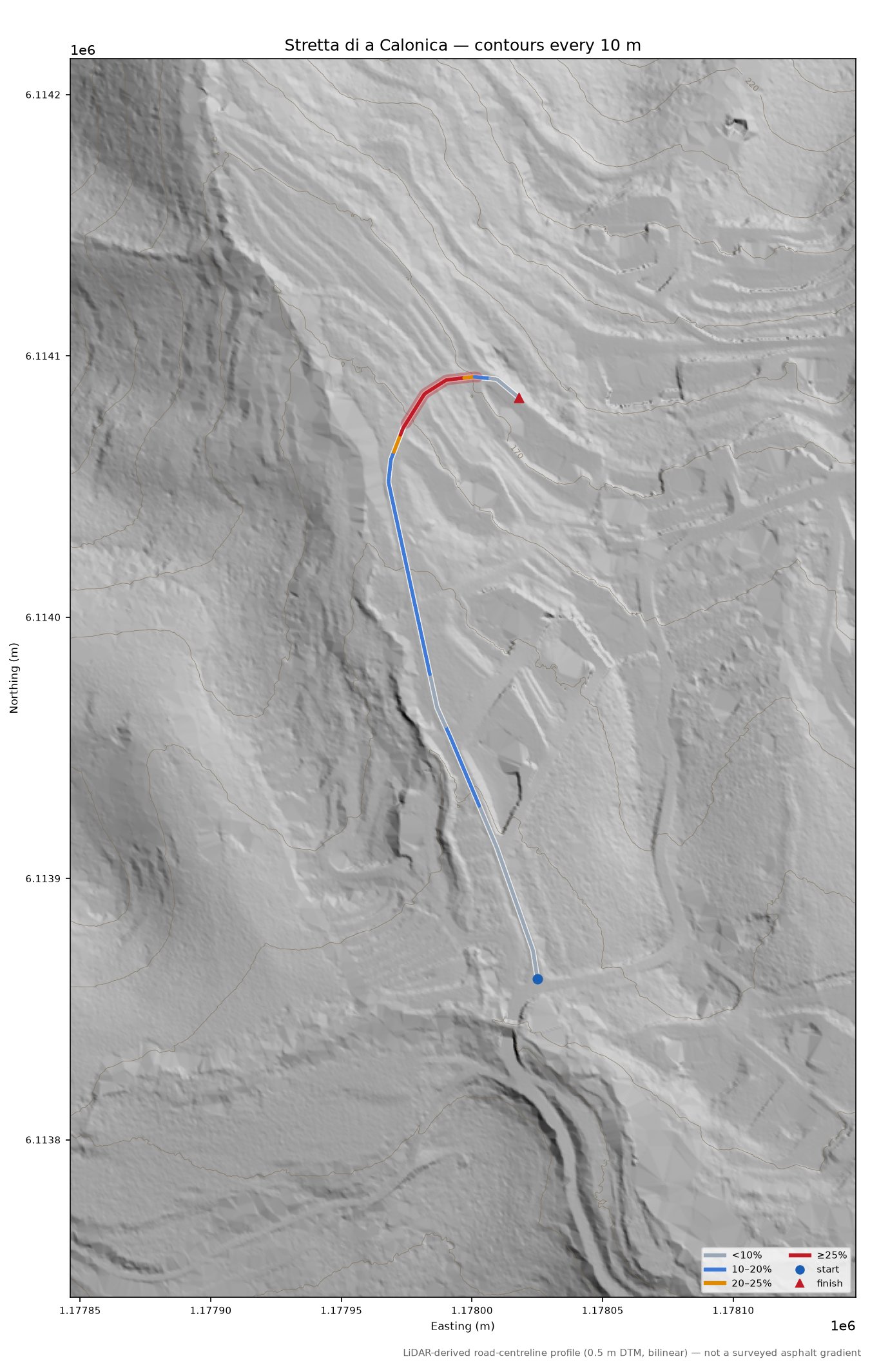 Stretta di a Calonica LiDAR hillshade map with contours