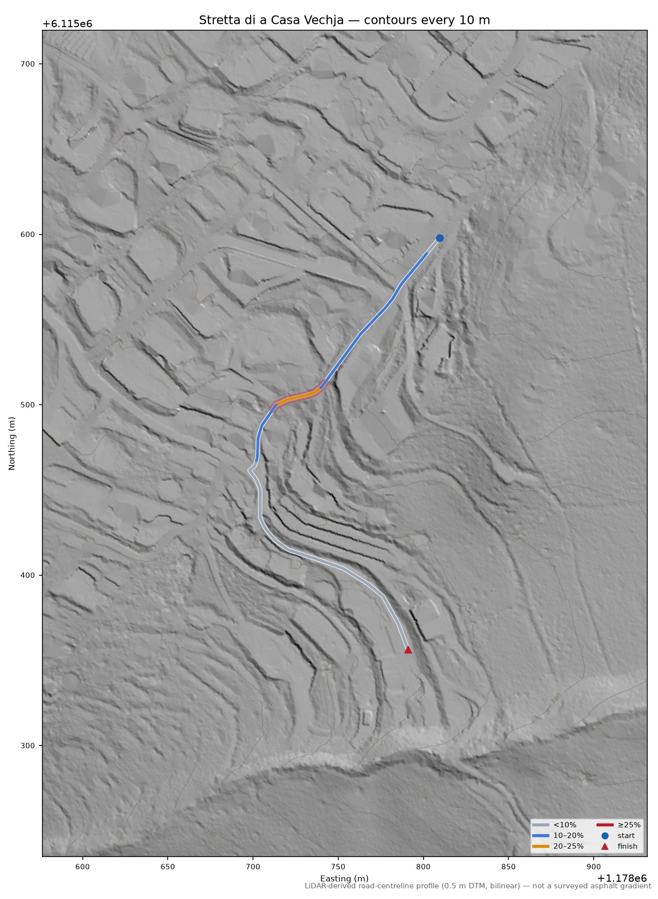 Stretta di a Casa Vechja LiDAR hillshade map with contours