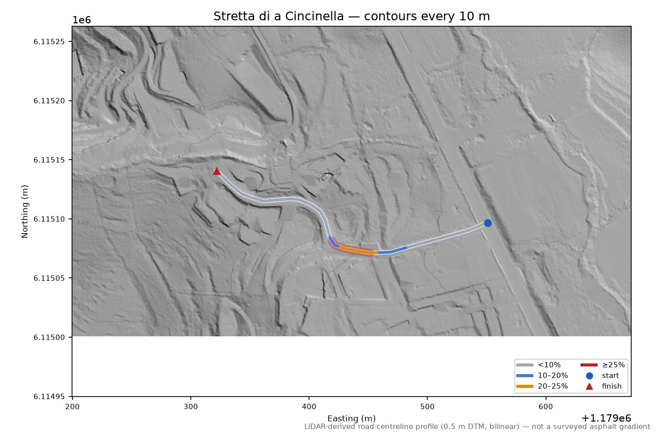 Stretta di a Cincinella LiDAR hillshade map with contours
