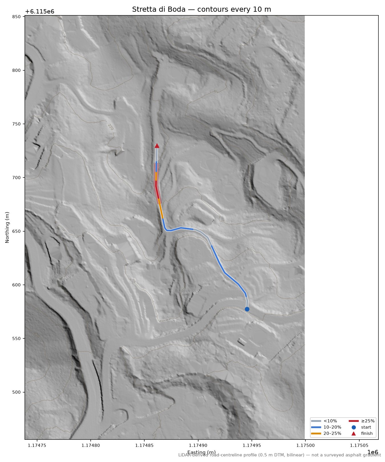 Stretta di Boda LiDAR hillshade map with contours