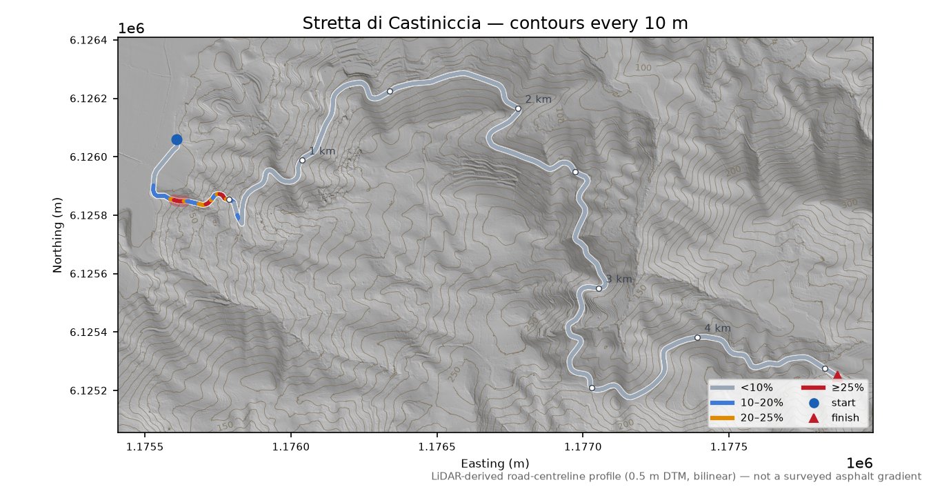 Stretta di Castiniccia LiDAR hillshade map with contours