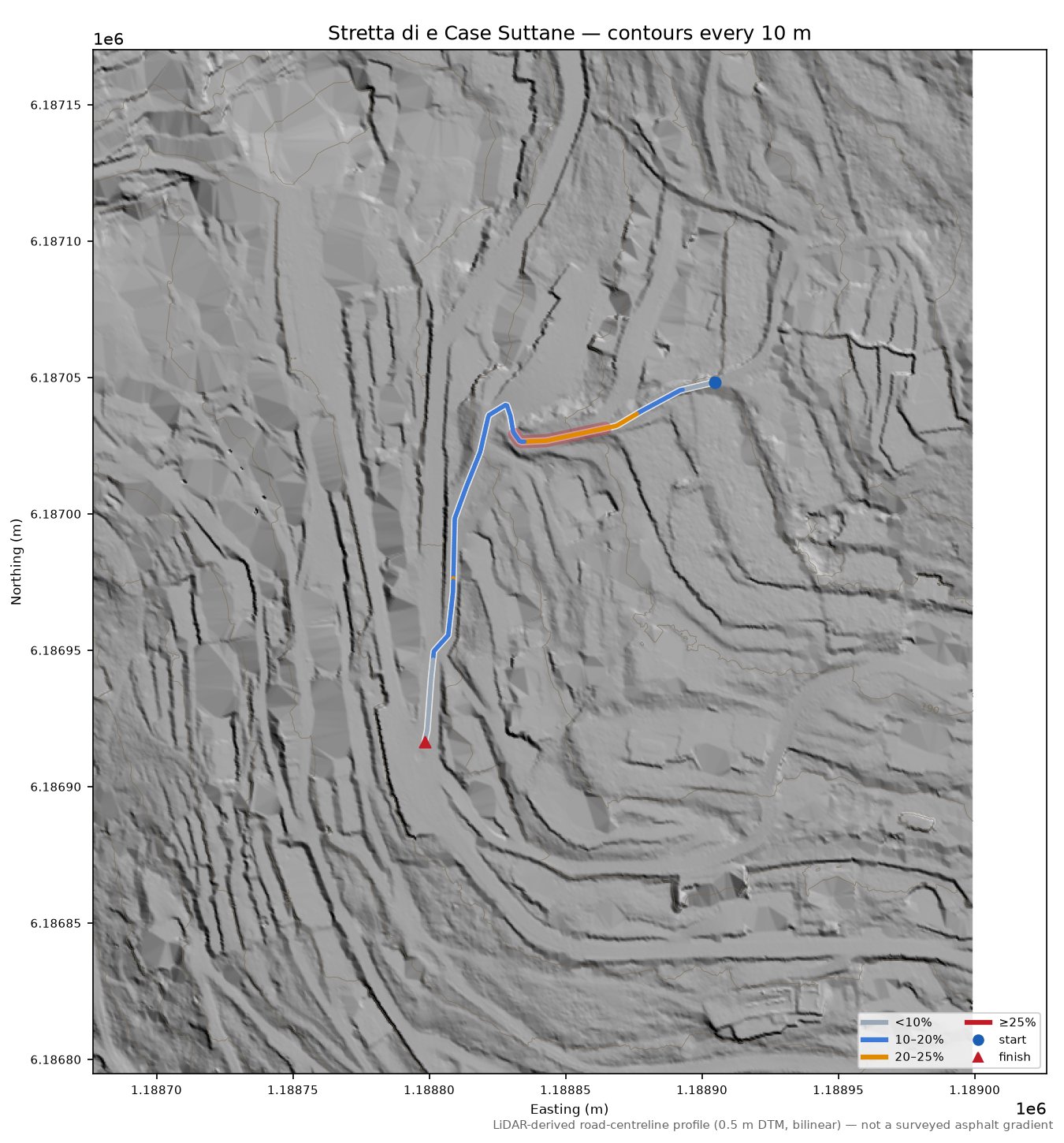 Stretta di e Case Suttane LiDAR hillshade map with contours