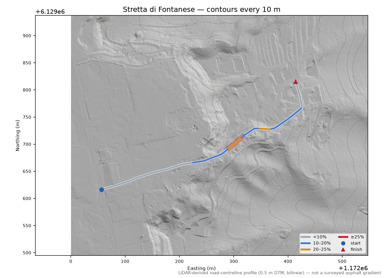 Stretta di Fontanese LiDAR hillshade map with contours