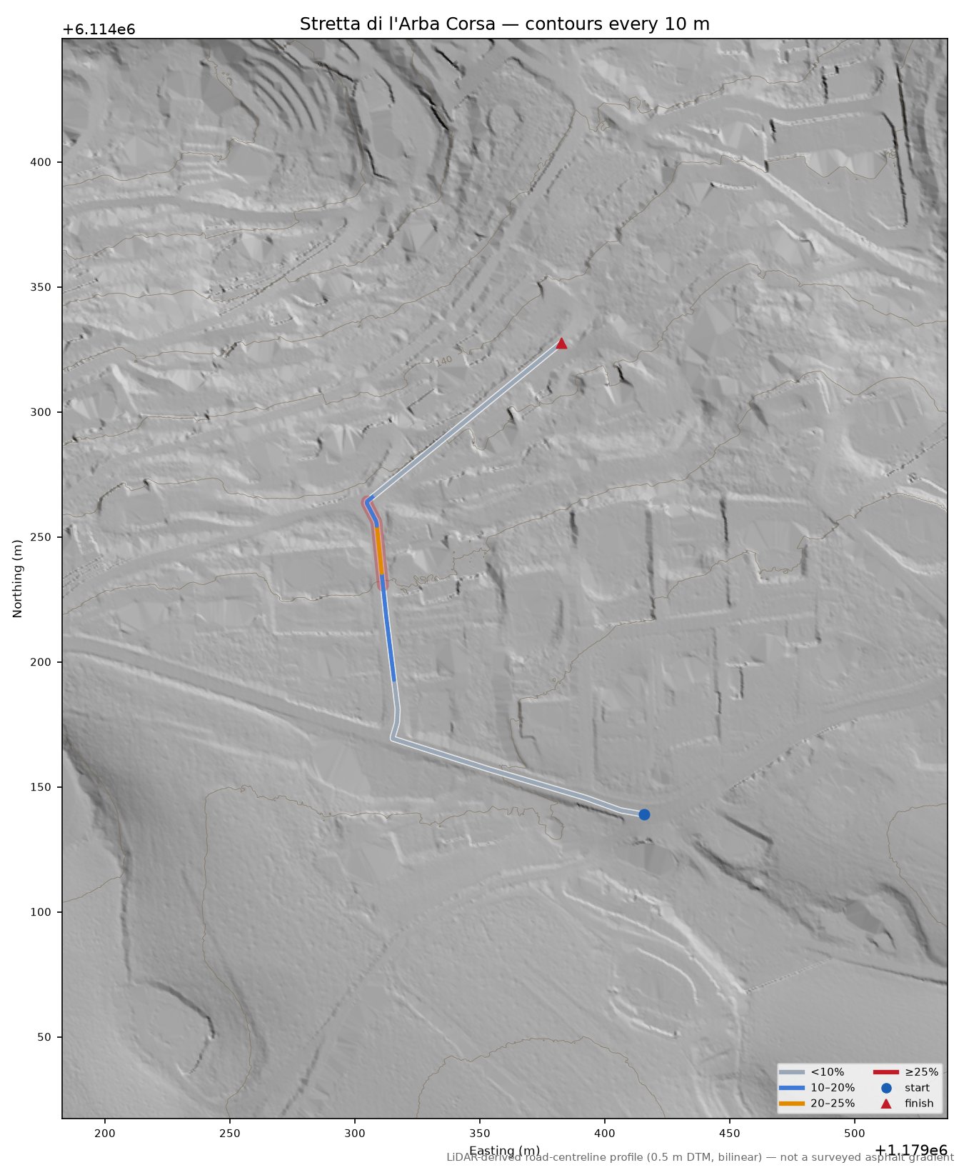 Stretta di l'Arba Corsa LiDAR hillshade map with contours