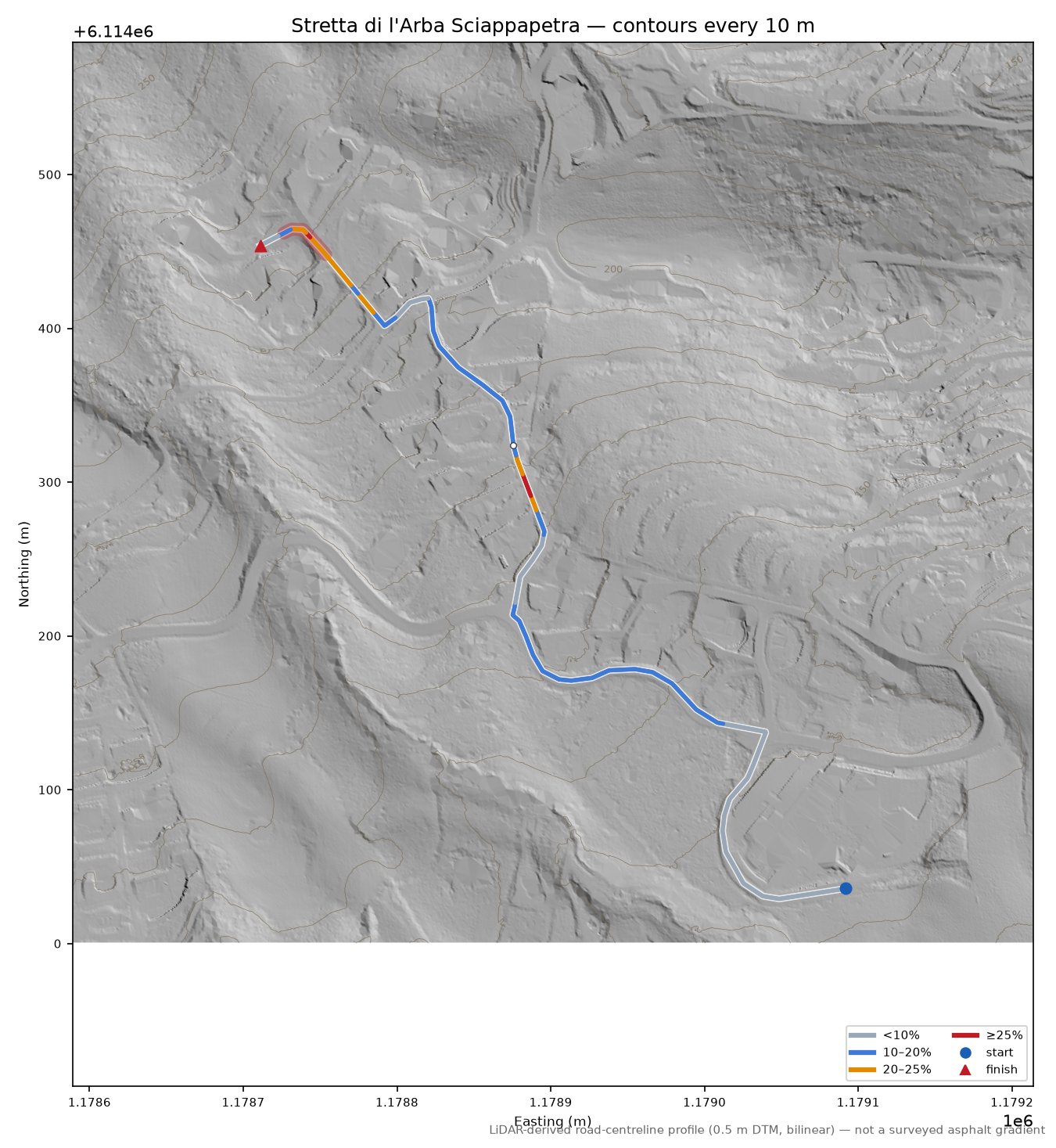 Stretta di l'Arba Sciappapetra LiDAR hillshade map with contours