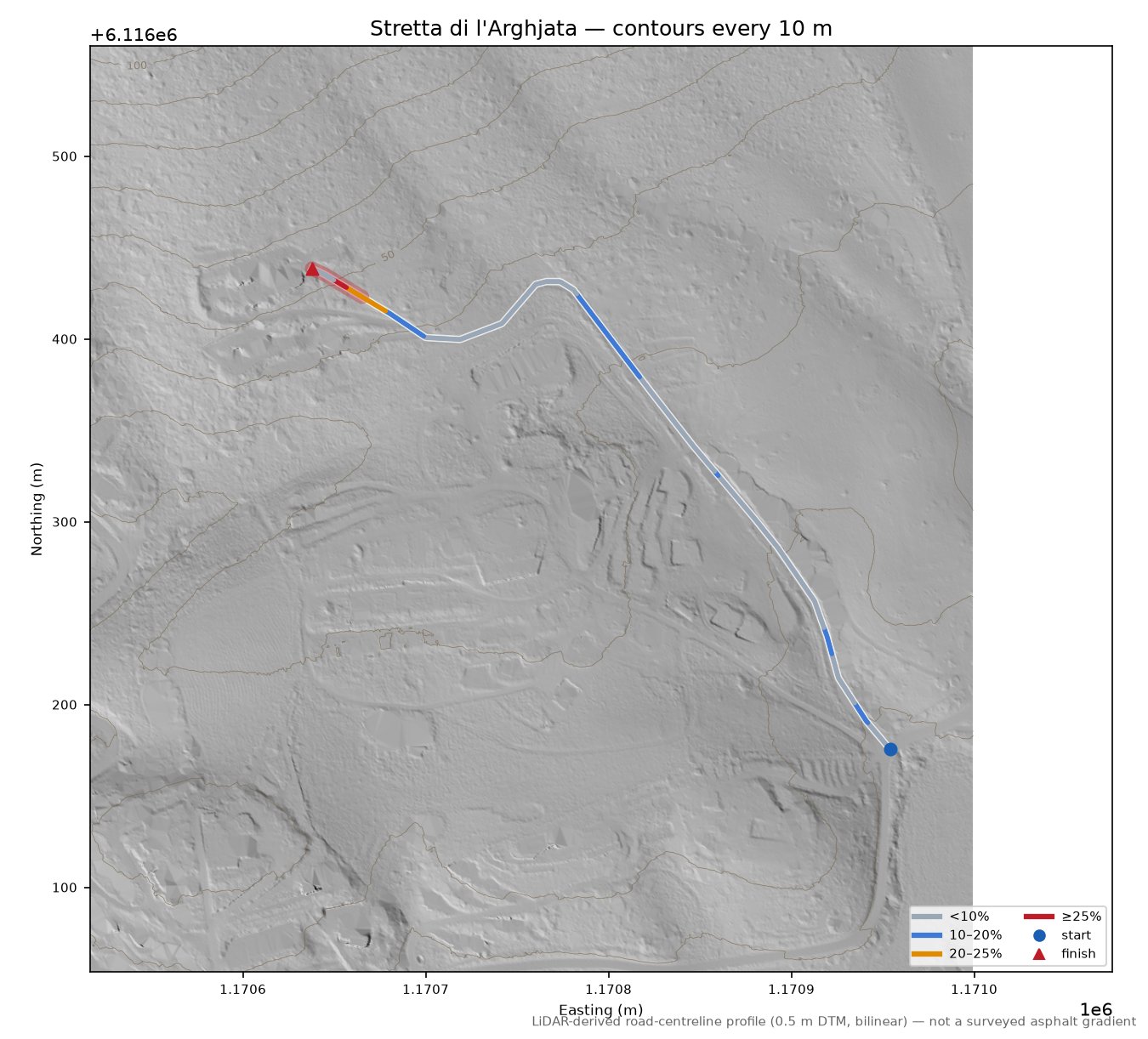 Stretta di l'Arghjata LiDAR hillshade map with contours