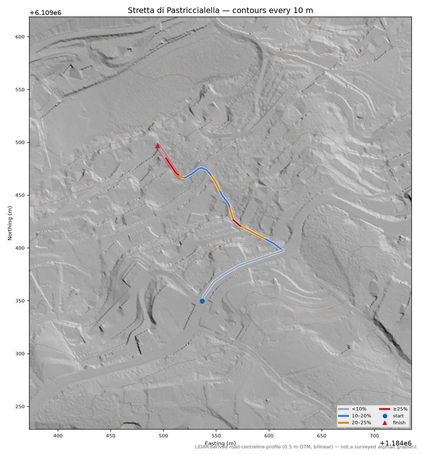 Stretta di Pastriccialella LiDAR hillshade map with contours