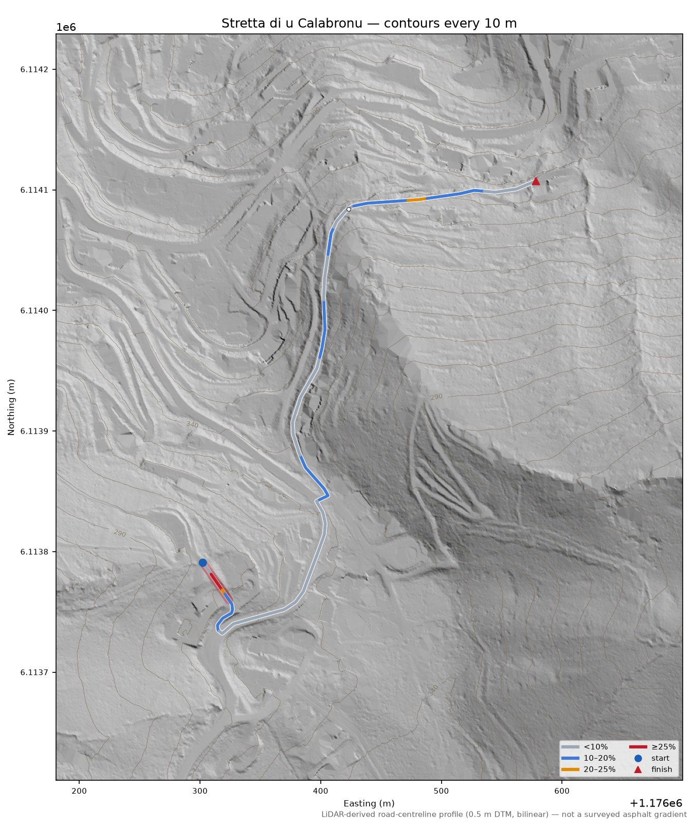 Stretta di u Calabronu LiDAR hillshade map with contours