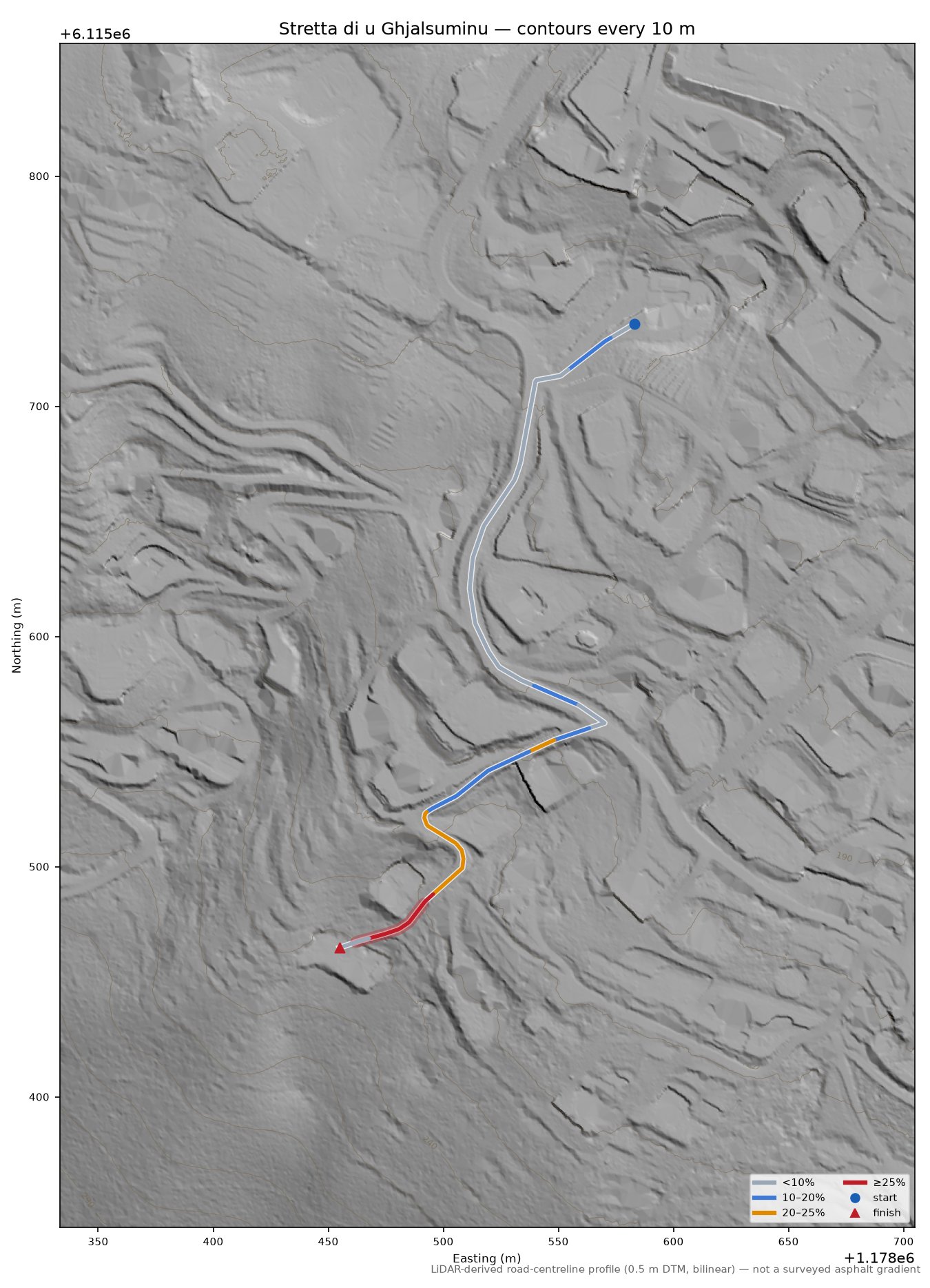 Stretta di u Ghjalsuminu LiDAR hillshade map with contours
