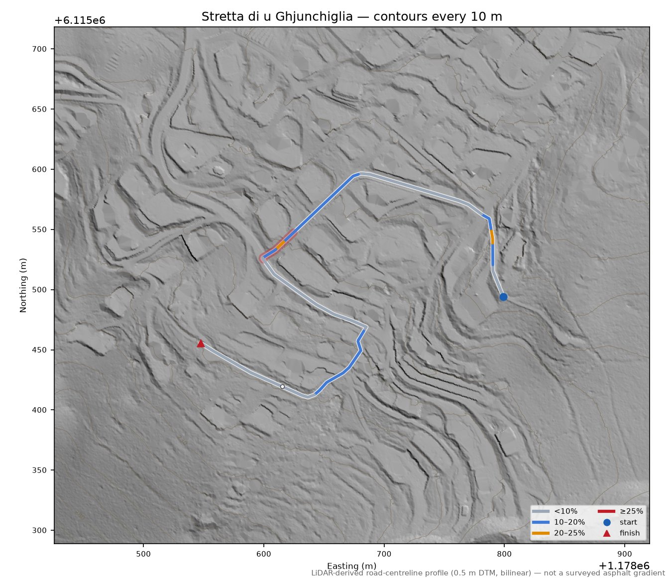 Stretta di u Ghjunchiglia LiDAR hillshade map with contours