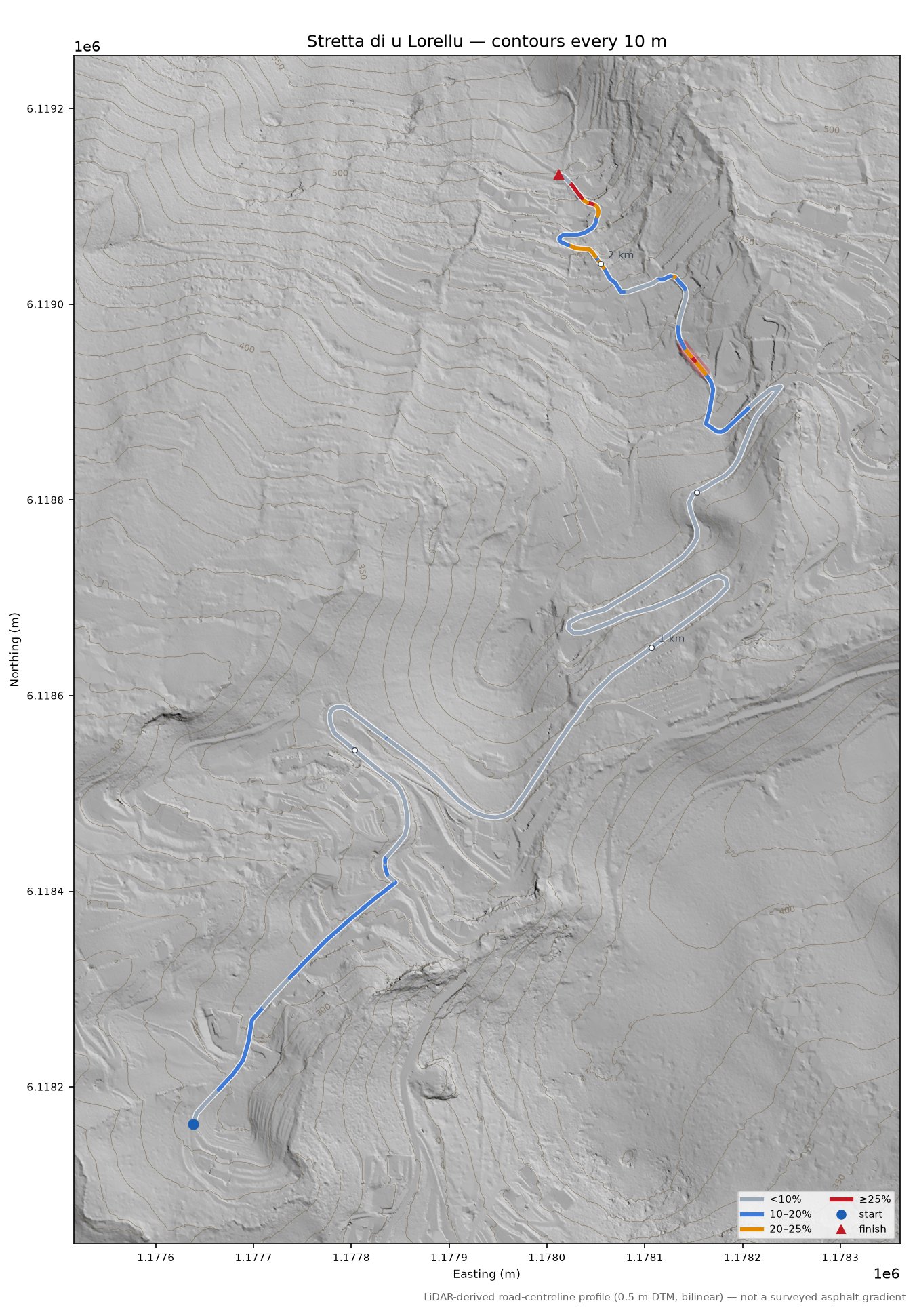 Stretta di u Lorellu LiDAR hillshade map with contours