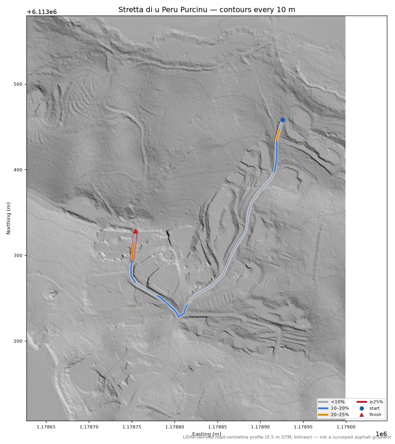 Stretta di u Peru Purcinu LiDAR hillshade map with contours