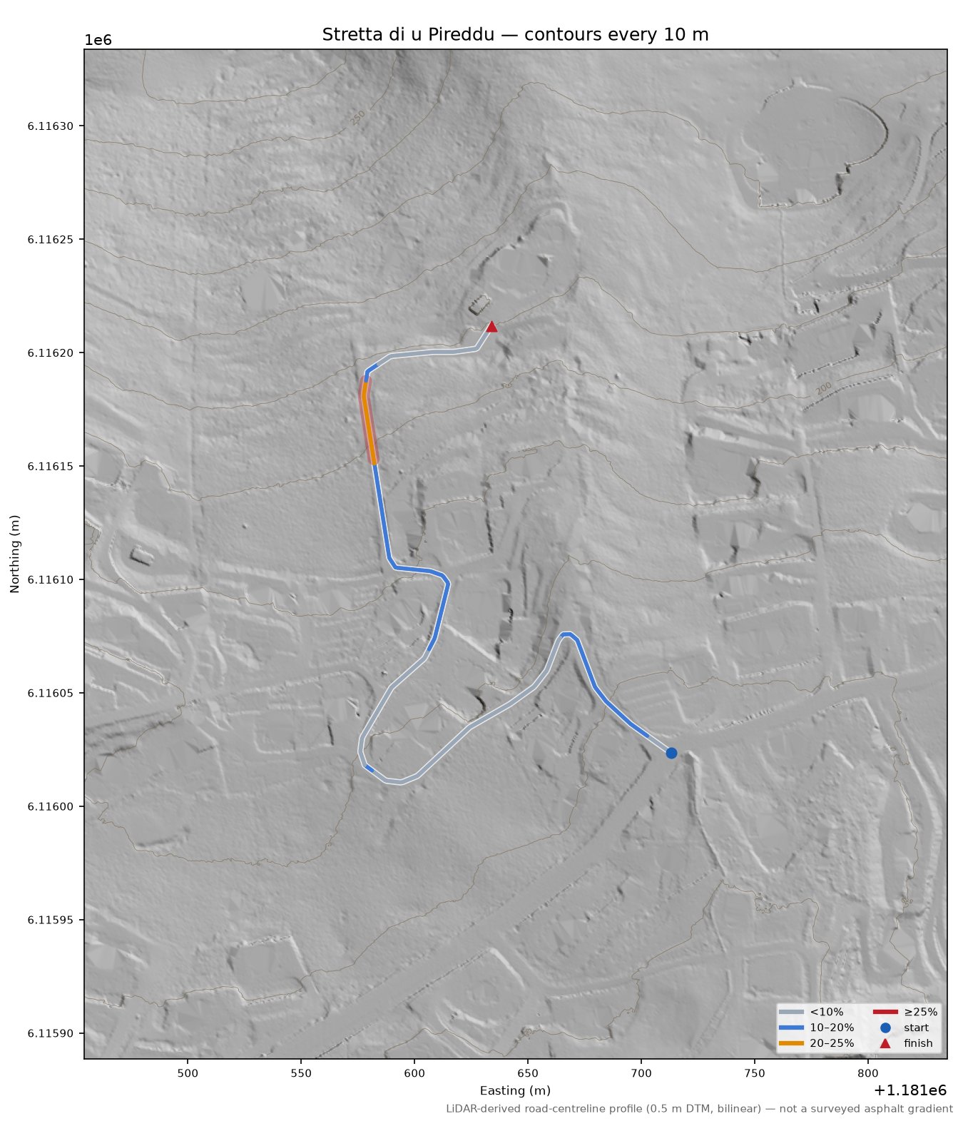 Stretta di u Pireddu LiDAR hillshade map with contours