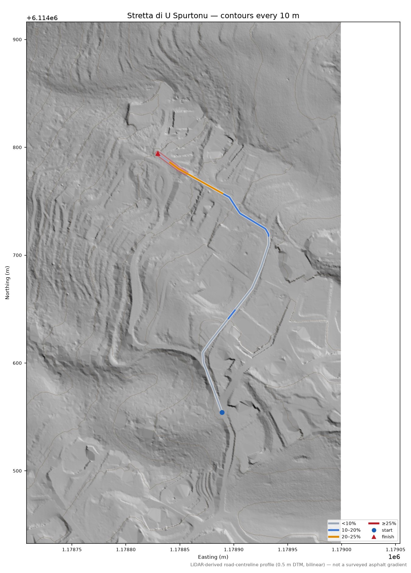 Stretta di U Spurtonu LiDAR hillshade map with contours