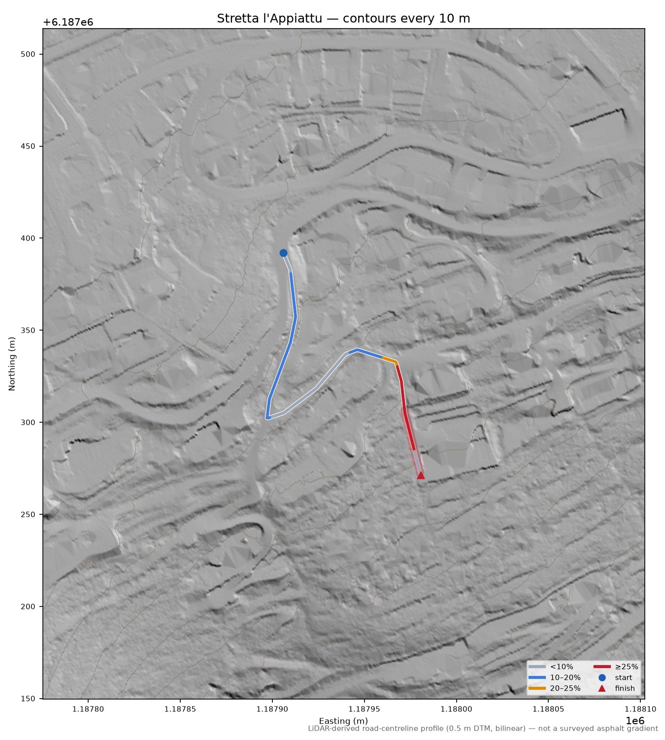 Stretta l'Appiattu LiDAR hillshade map with contours