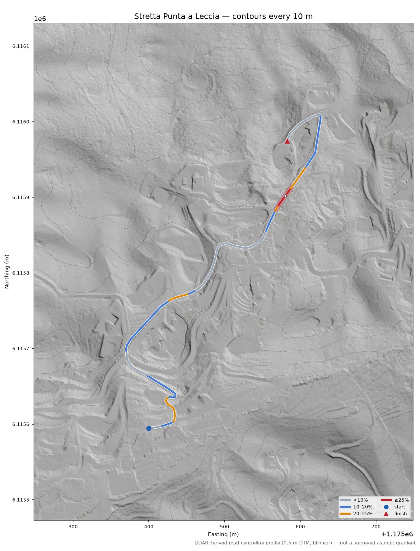 Stretta Punta a Leccia LiDAR hillshade map with contours