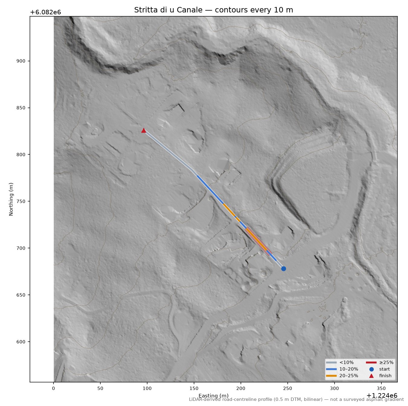 Stritta di u Canale LiDAR hillshade map with contours