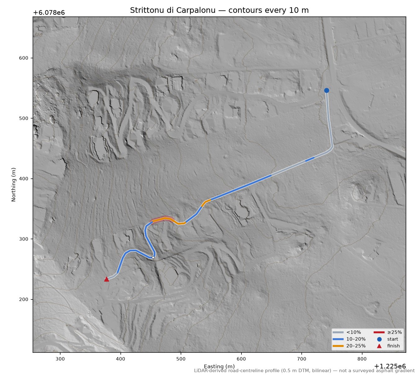Strittonu di Carpalonu LiDAR hillshade map with contours