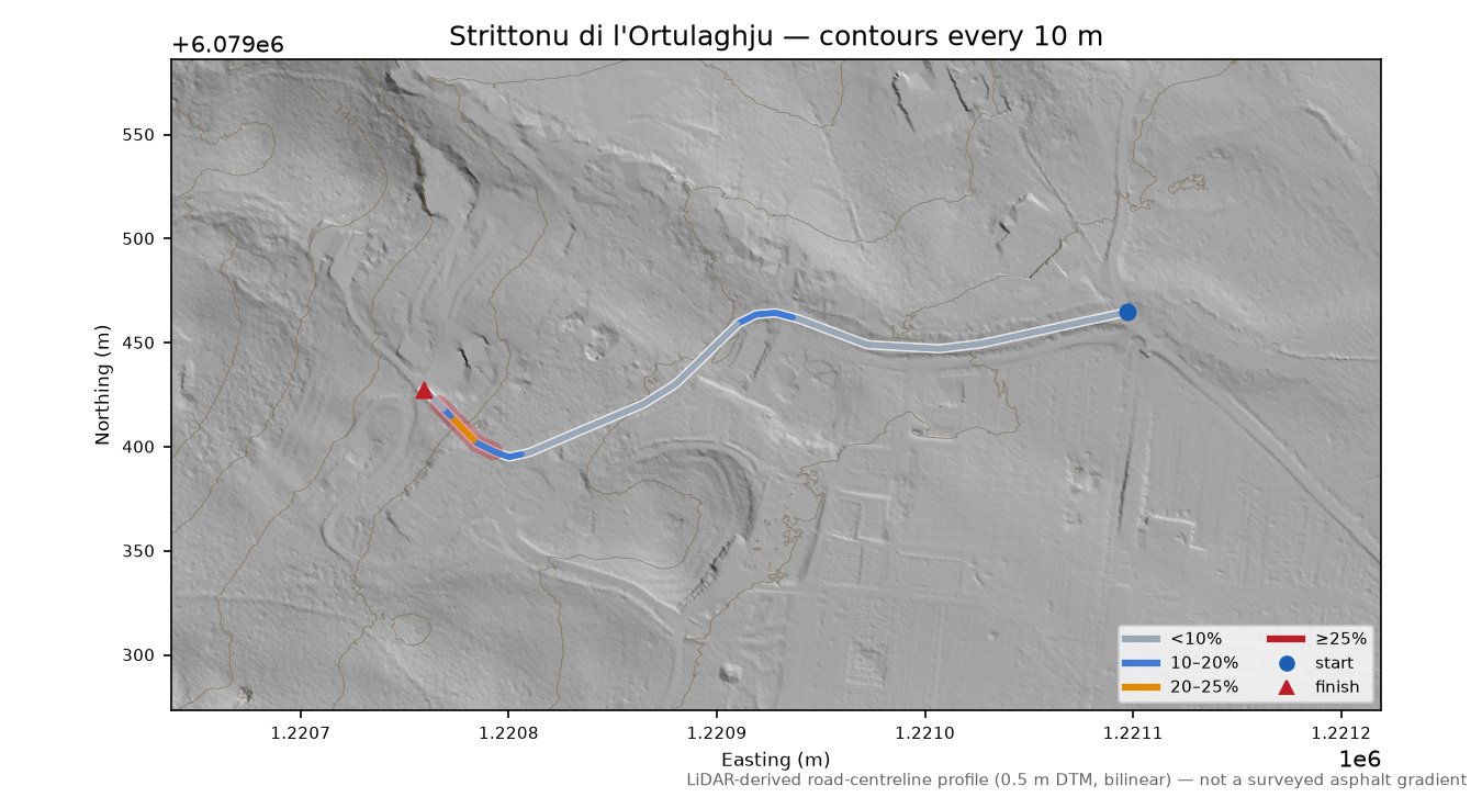 Strittonu di l'Ortulaghju LiDAR hillshade map with contours