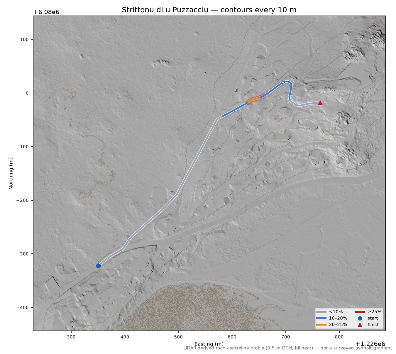 Strittonu di u Puzzacciu LiDAR hillshade map with contours