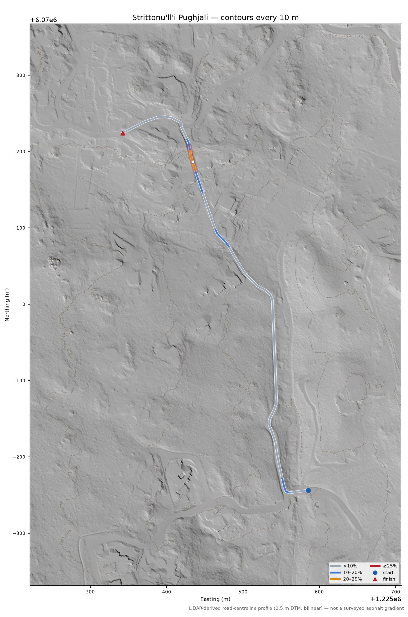 Strittonu'll'i Pughjali LiDAR hillshade map with contours