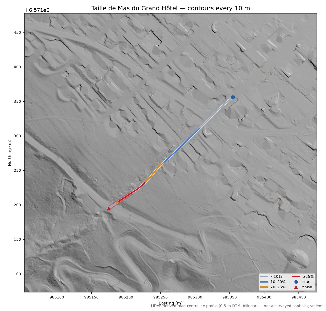 Taille de Mas du Grand Hôtel LiDAR hillshade map with contours